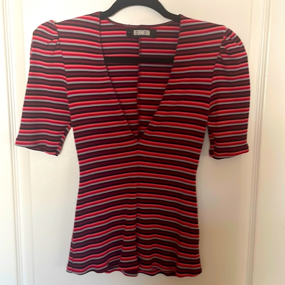 MOVING SALE REFORMATION deep V neck multi color striped puff sleeve blouse